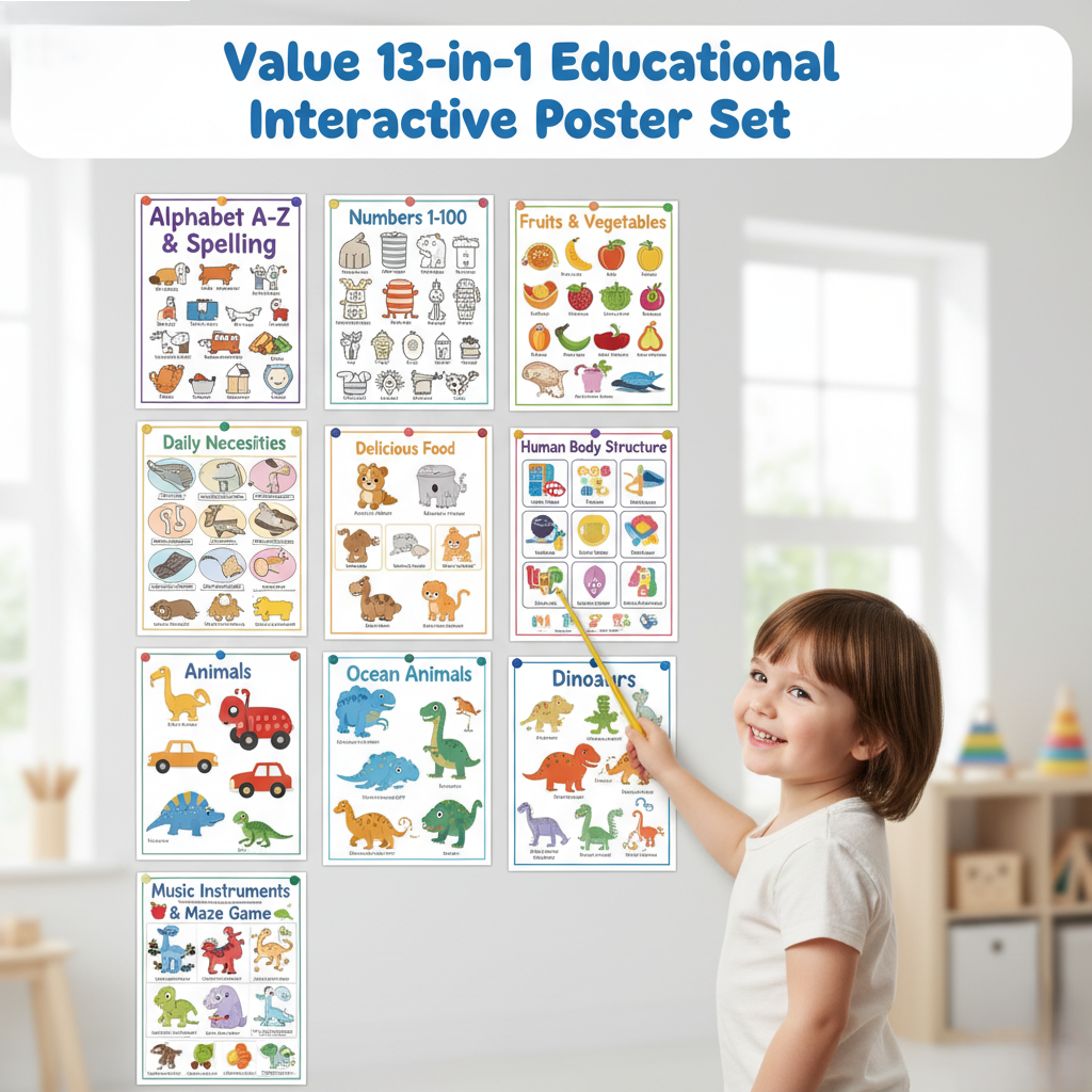 13 in 1 Kids Electronic Talking Poster Alphabet Wall Chart Interactive Click to Read Learning Books Toy for Early Education