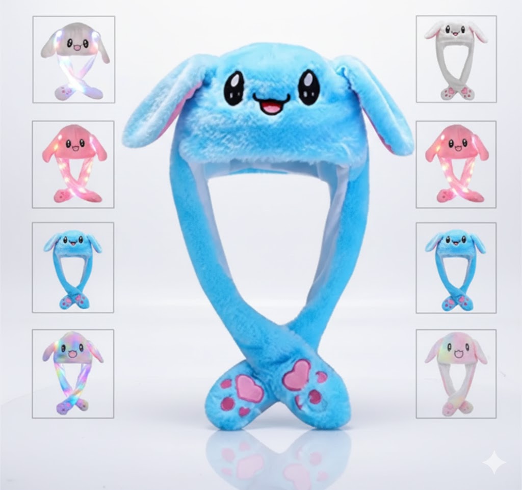 Plush Rabbit Hat Funny Jumping Bunny Ear Caps LED Light Up Floppy Ear Warm Hats for Girls Boys,with Moving Ears